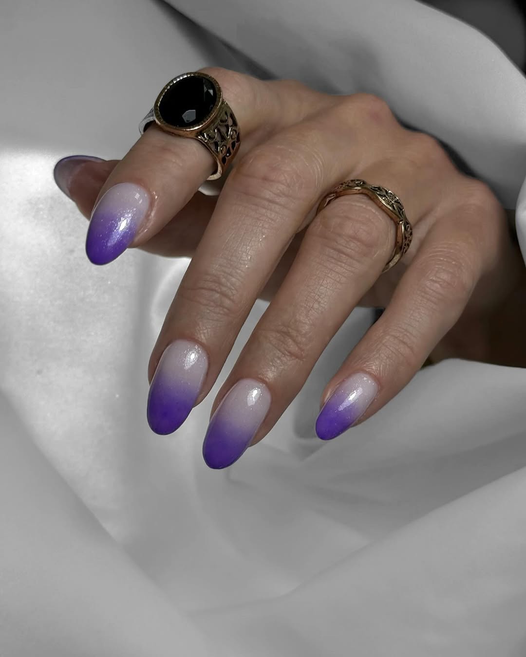 Radiant Purple Ombre Almond Shimmer Nails