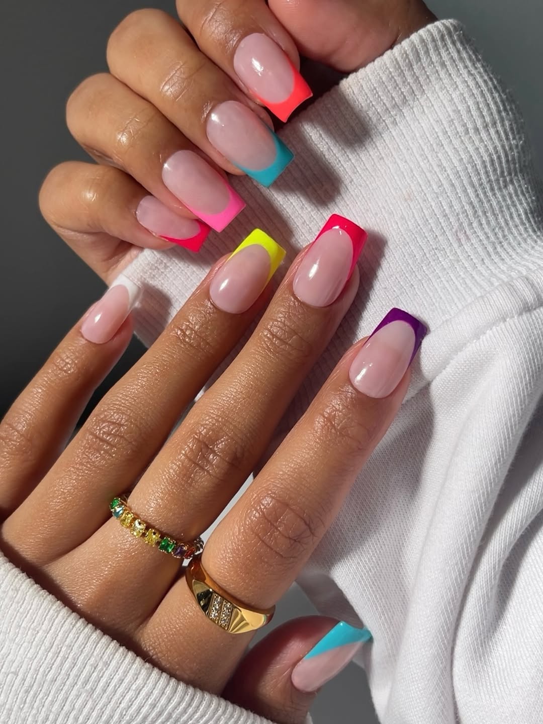 Rainbow Bright French Tip Coffin Nails