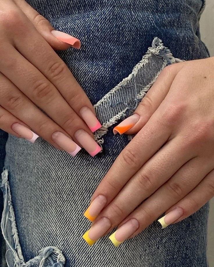 Rainbow Bright French Tip Square Nails