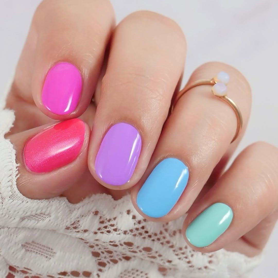 Rainbow Bright Glossy Short Oval Nails