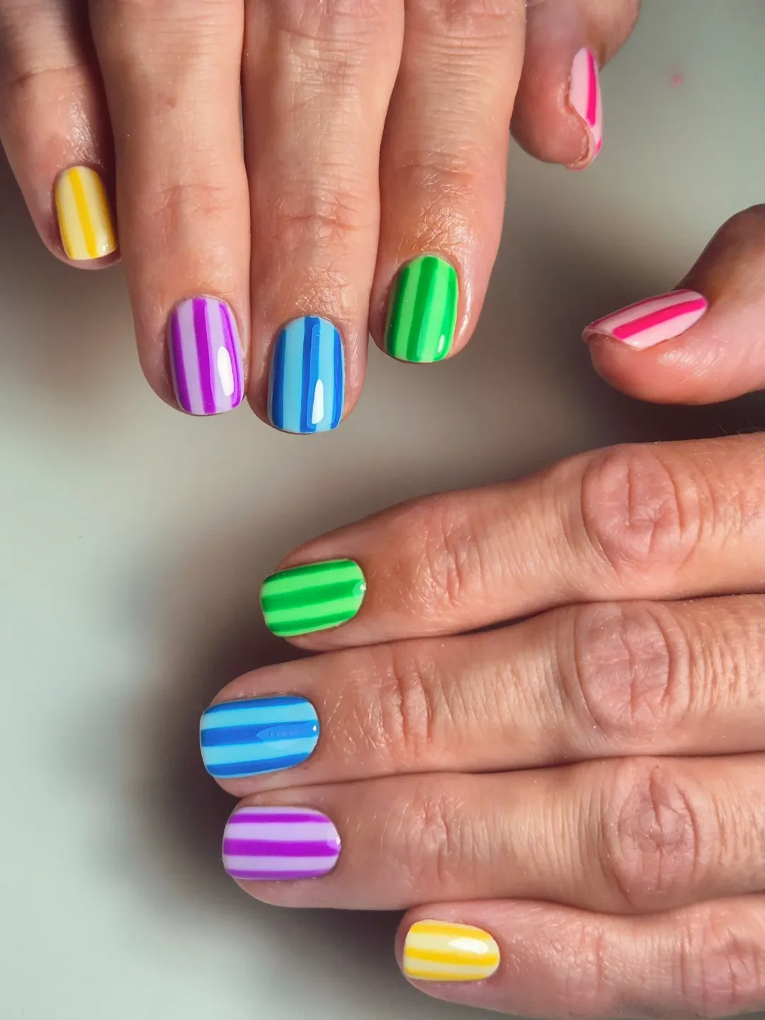 Rainbow Bright Striped Glossy Squoval Nails