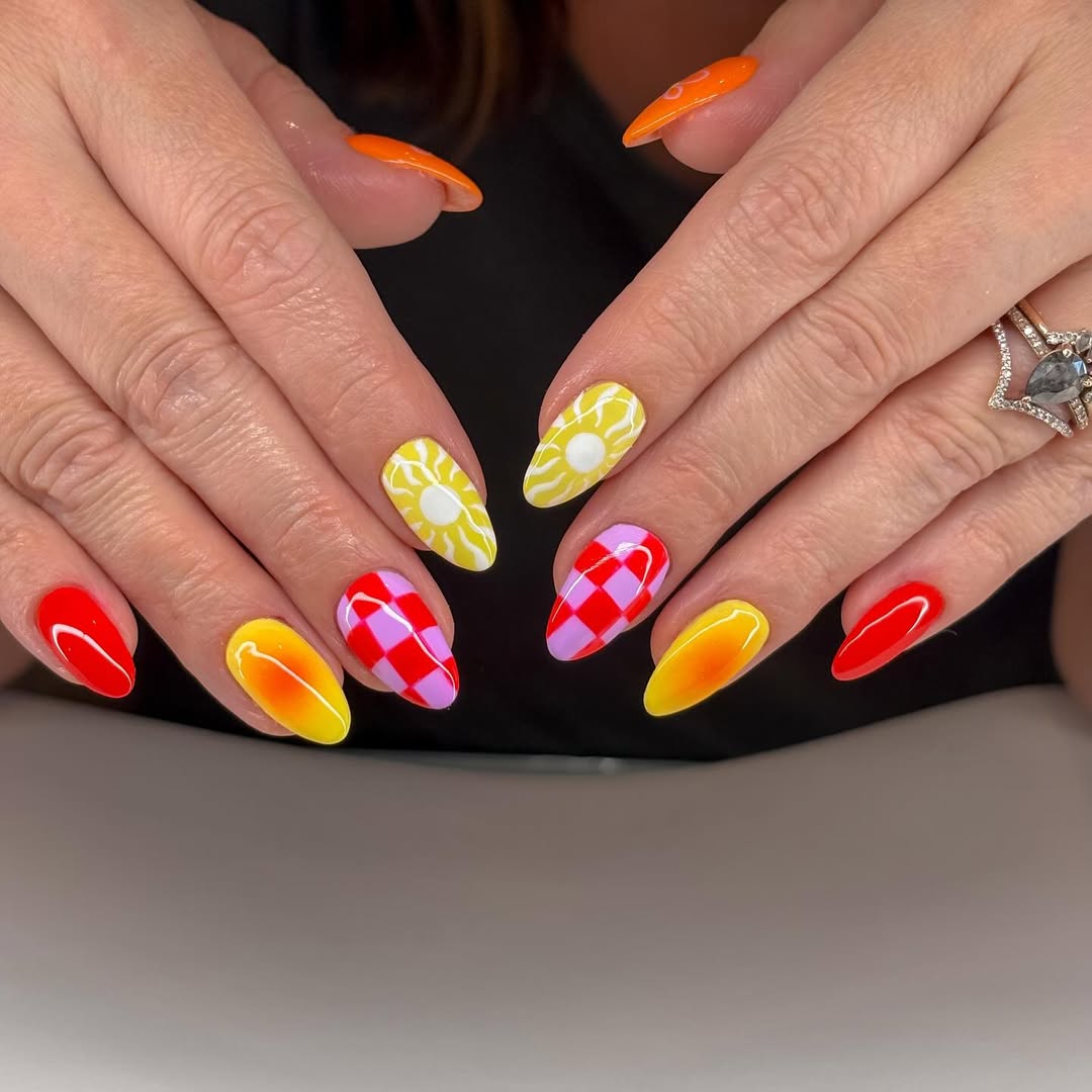 Rainbow Bright Summer Checkboard And Sunburst Almond Nails