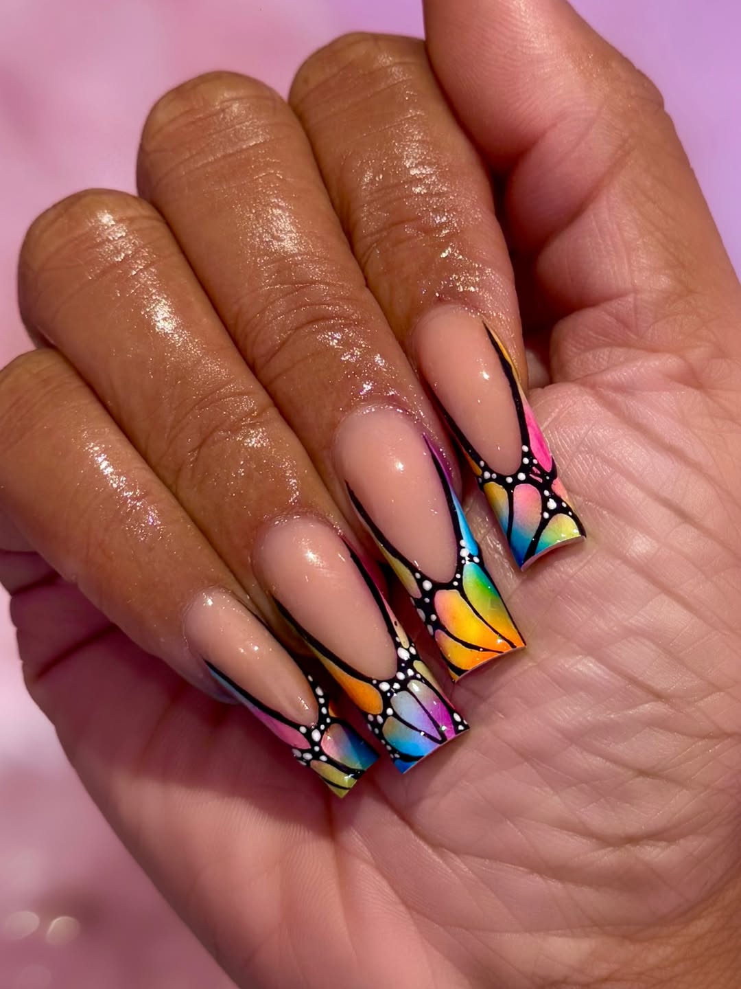 Rainbow Butterfly Wing French Tip Coffin Nails