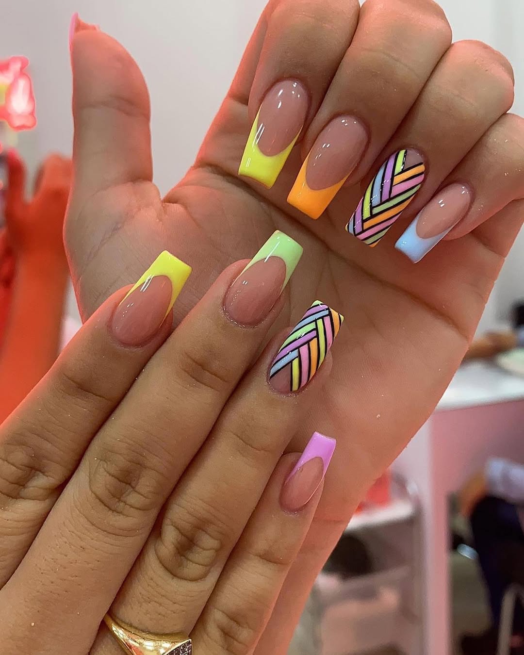 Rainbow Chevron French Tip Coffin Nails