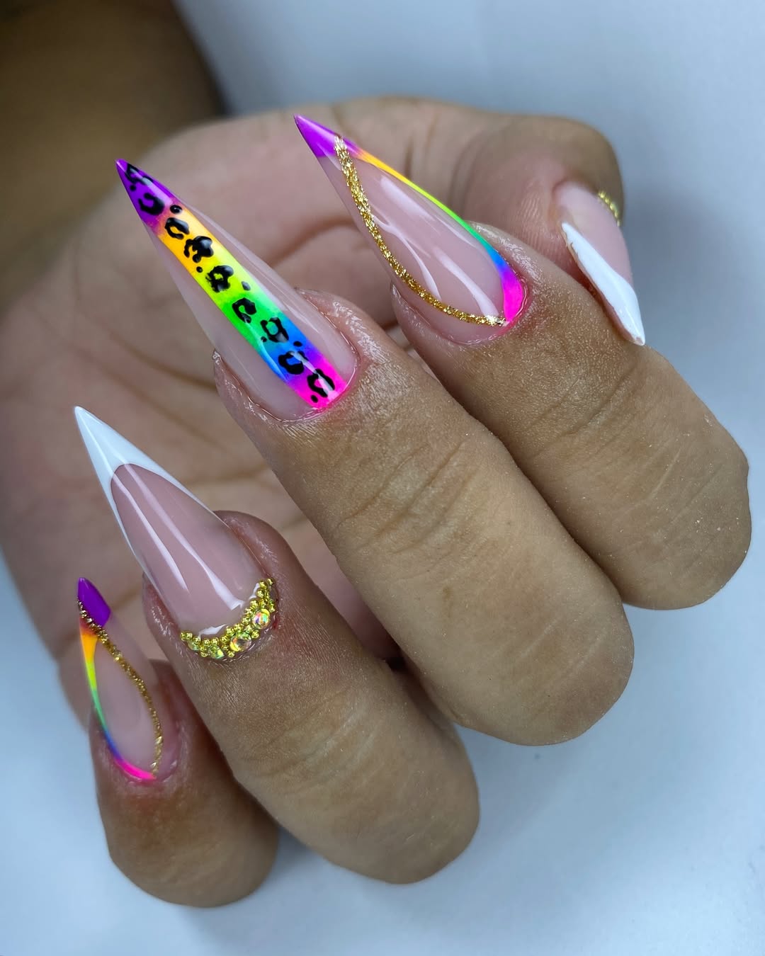 Rainbow French Tips With Leopard Accent And Gems