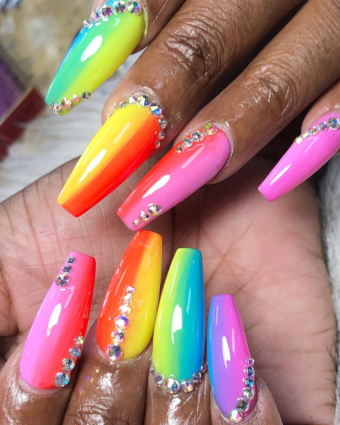 Rainbow Ombre Coffin Nails With Rhinestone Bling