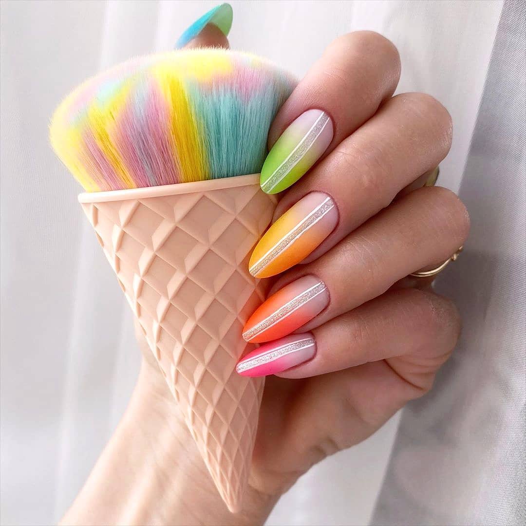 Rainbow Ombre Matte Almond Nails With Silver Stripe
