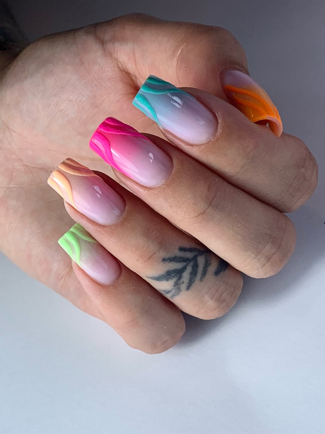Rainbow Swirl French Tips Over Ombre Square Nails