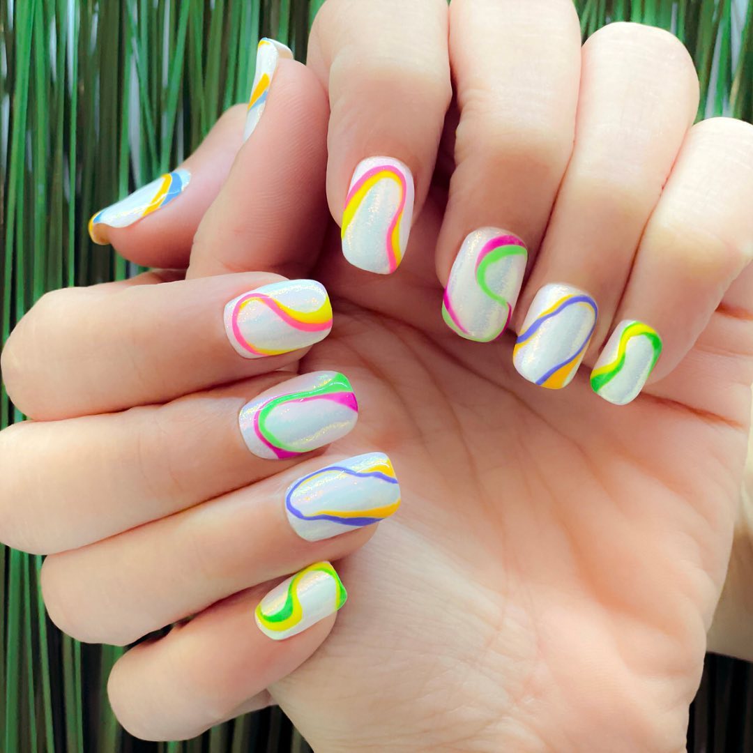 Rainbow Swirl Glitter White Short Square Nails