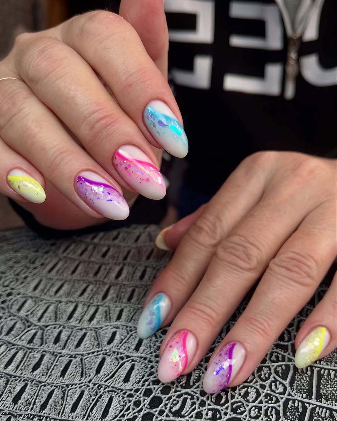 Rainbow Swirl Iridescent Glitter Oval Nails