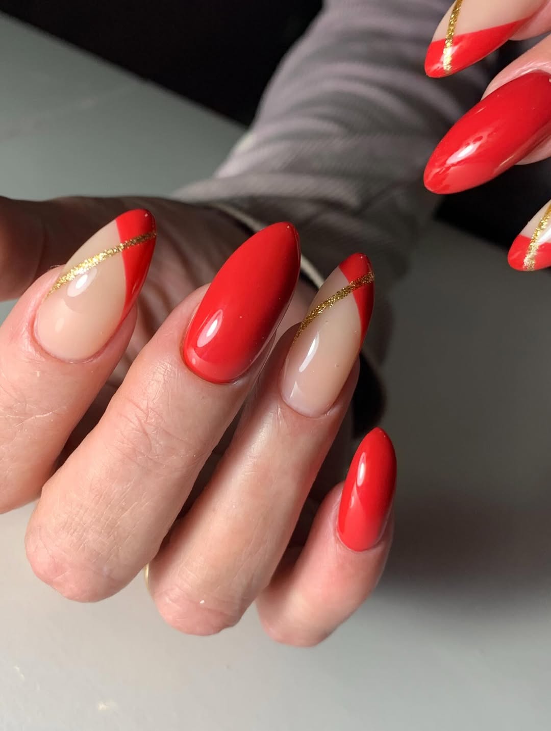 Red And Nude Oblique French With Gold Stripes