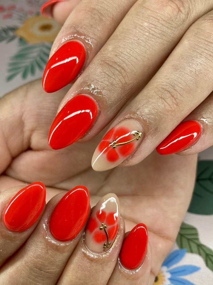 Red Ombre Floral Almond Overlay Nails