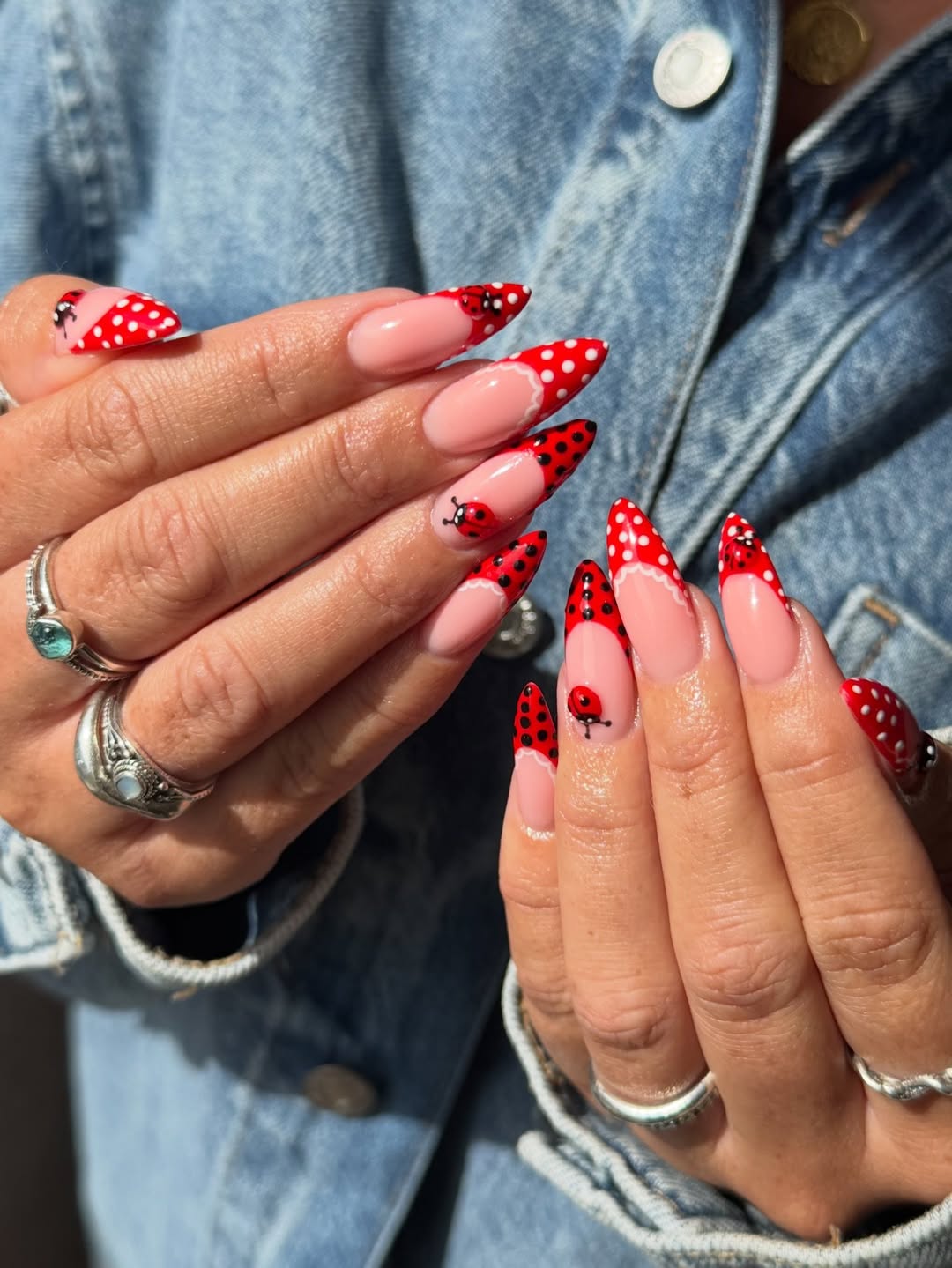 Red Polka Dot Ladybug French Tip Stiletto Nails