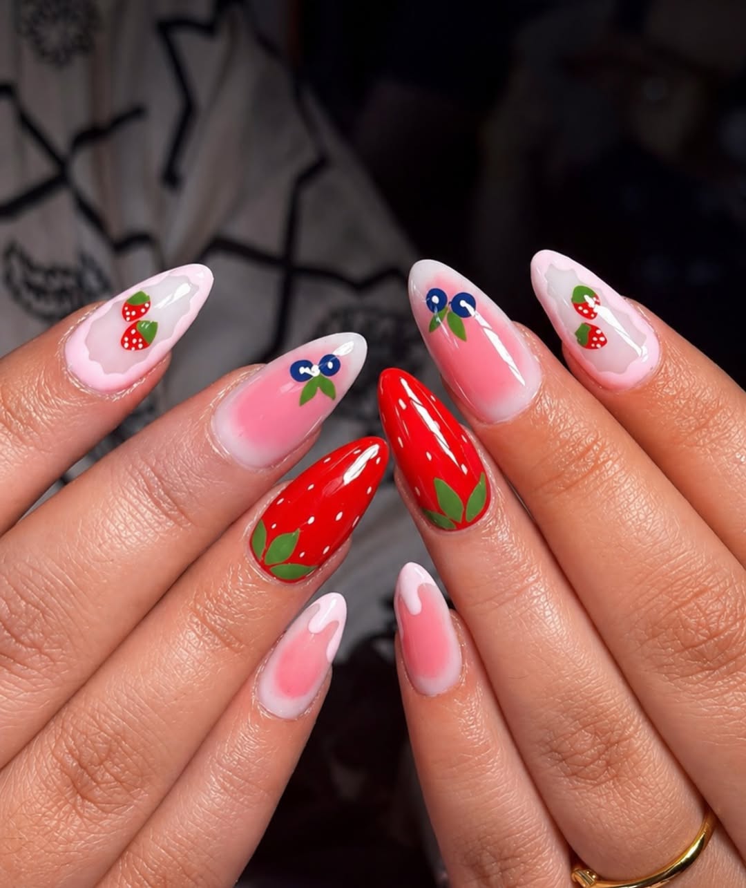 Red Strawberry Blueberry Ombre Almond Nails