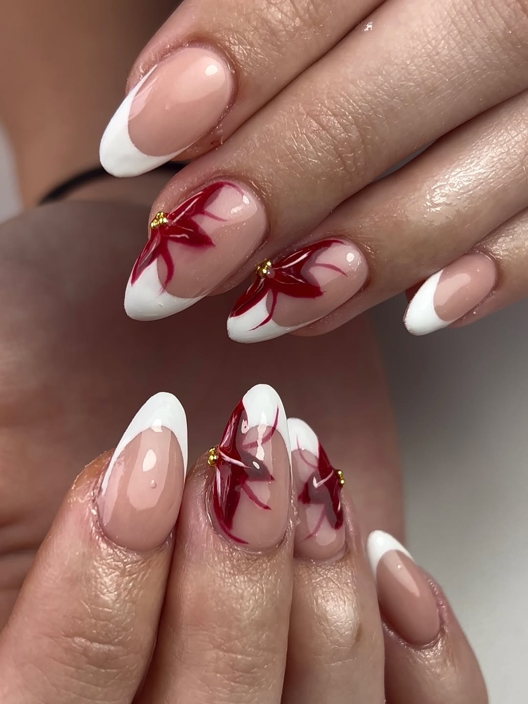 Red Watercolor French Tips with Gold Accents