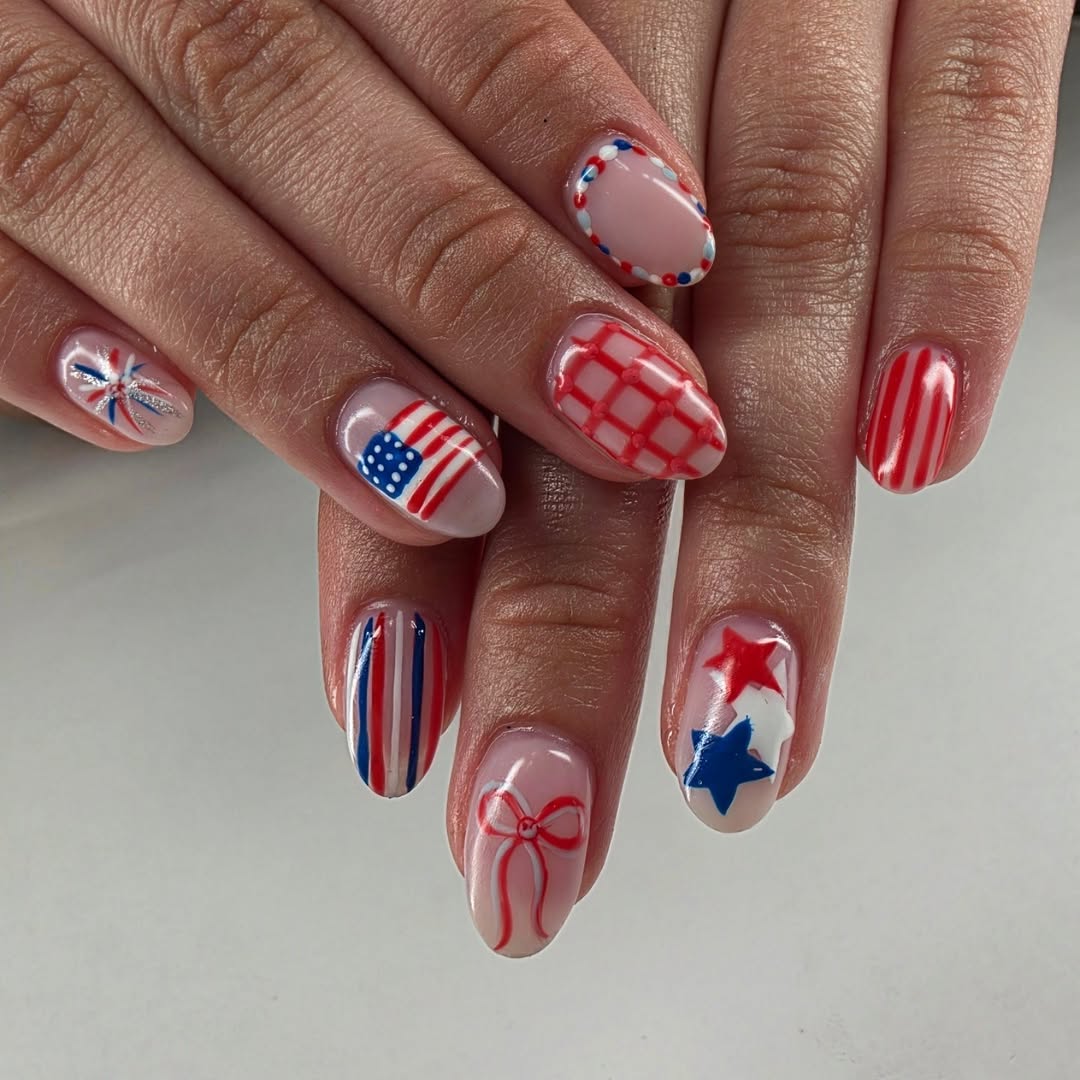 Red White Blue Festive Patriotic Oval Nails