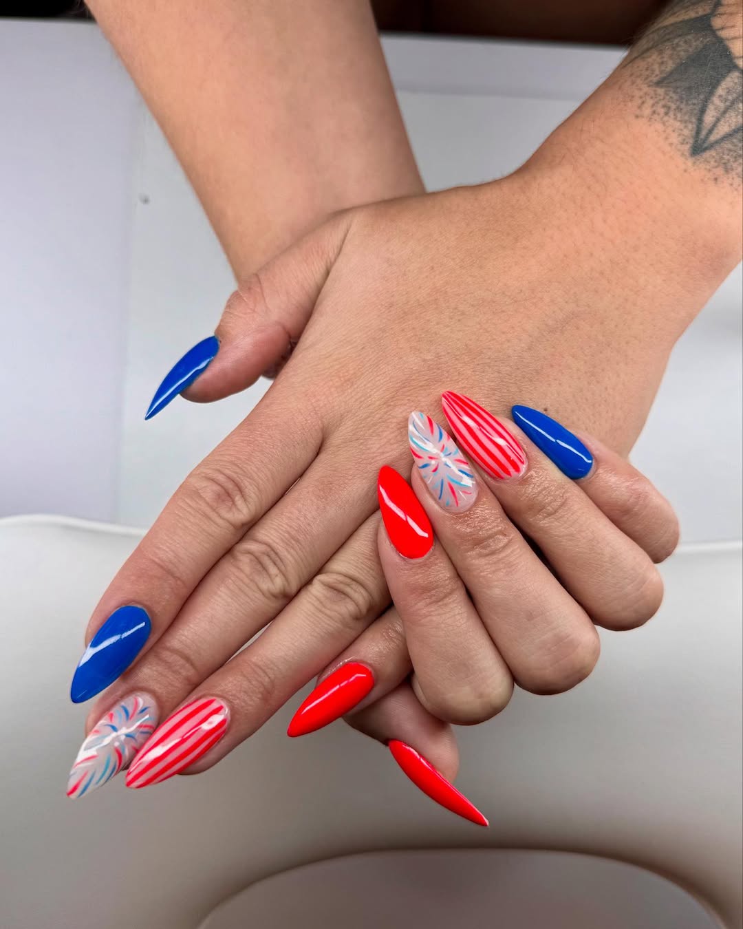 Red White Blue Fireworks Striped Stiletto Nails