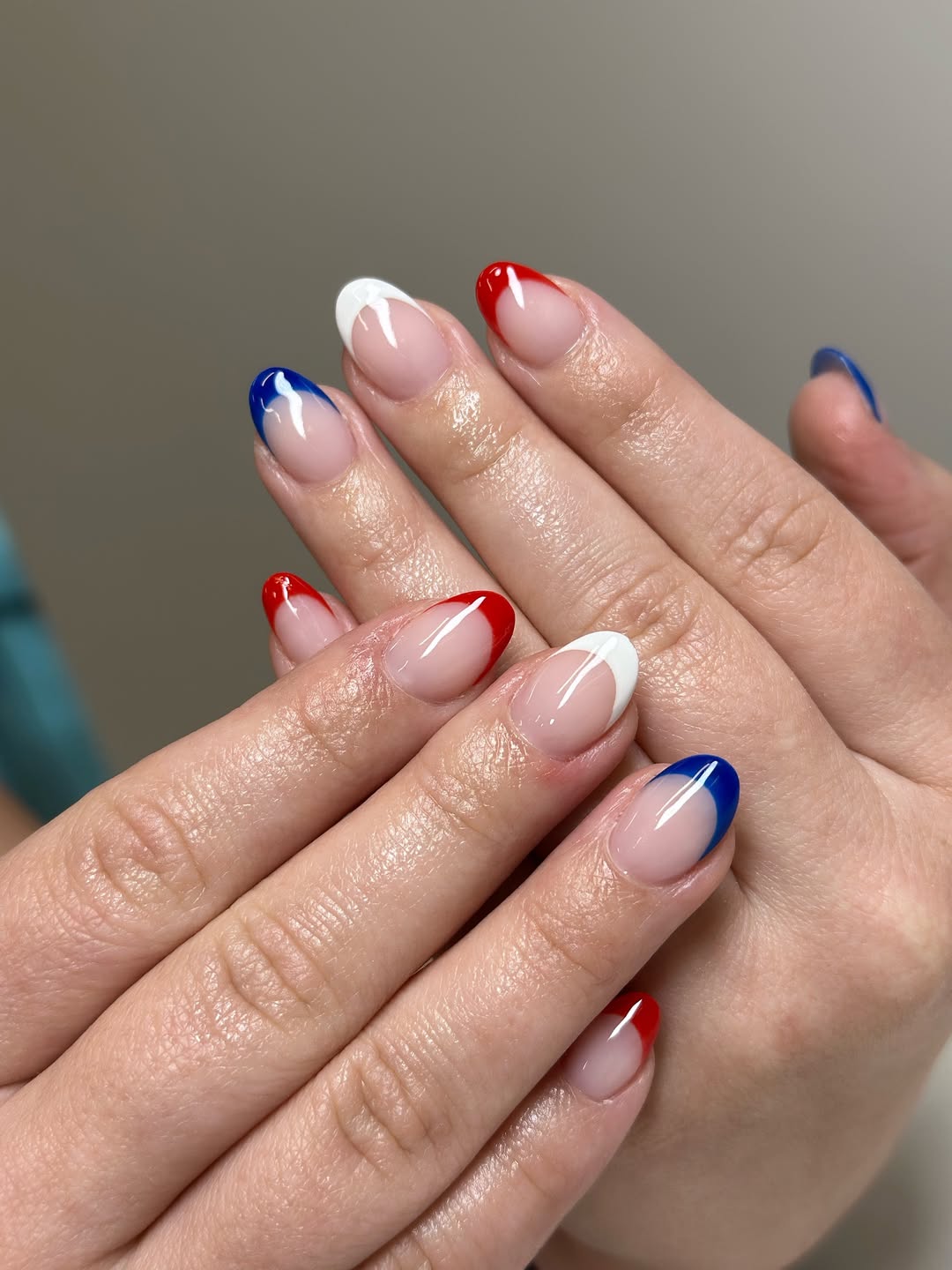 Red White Blue Glossy French Tip Oval Nails