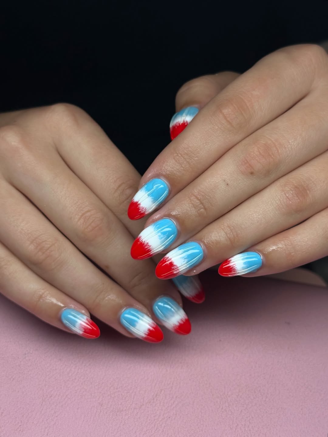 Red White Blue Gradient Medium Almond Nails