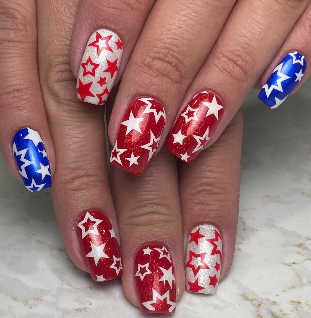 Red White Blue Star Spangled Fourth of July Nails
