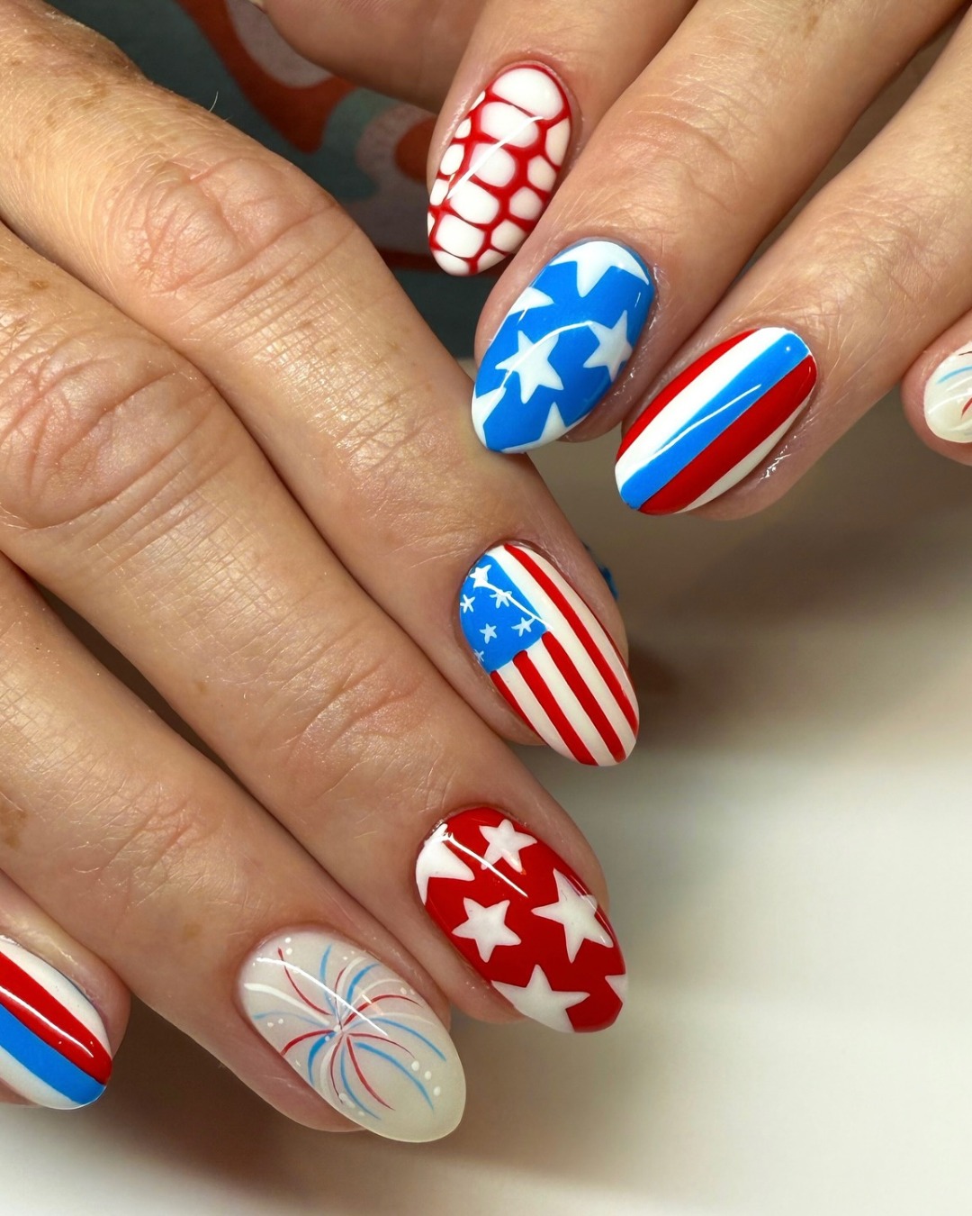 Red White Blue Star Spangled Oval Nails
