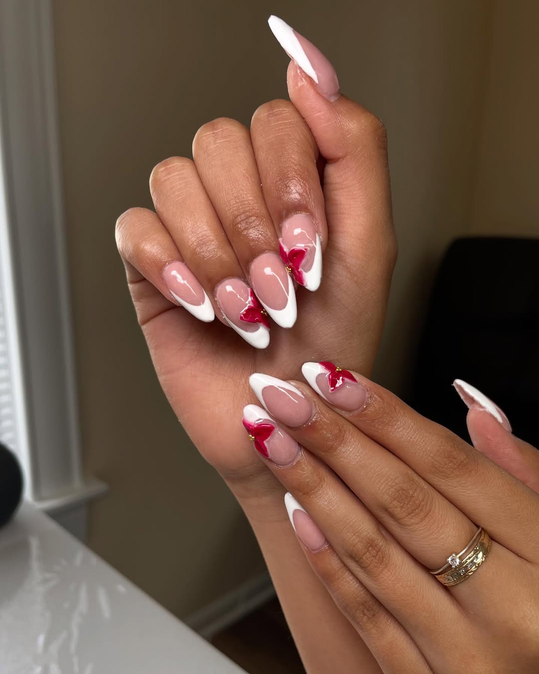 Romantic Red Bow French Tip Almond Nails