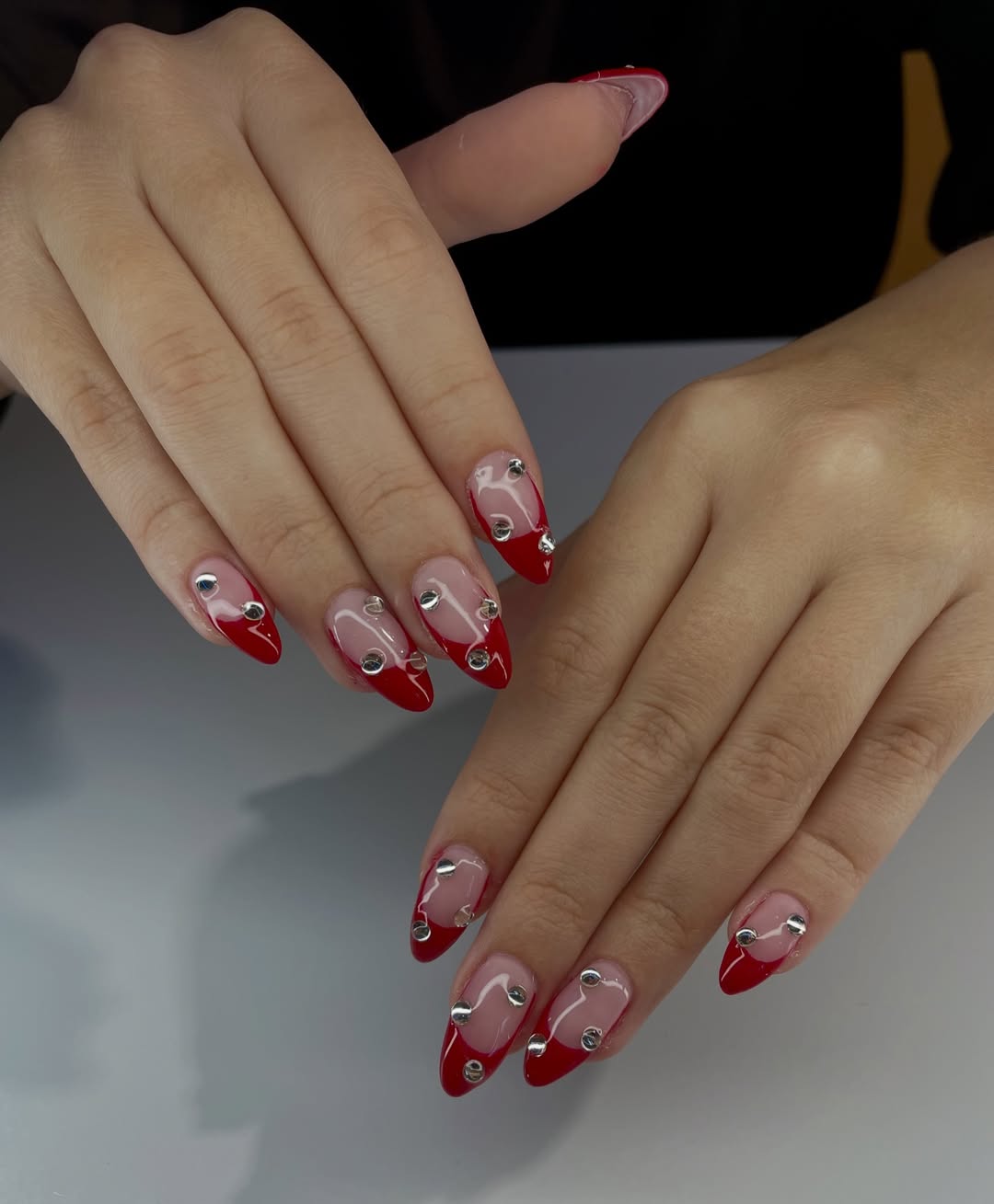 Ruby Red Negative Space Rhinestone Stiletto French Tips