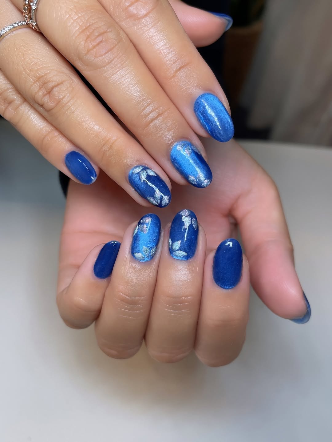 Sapphire Cat Eye Nails with Silver Leaf Art