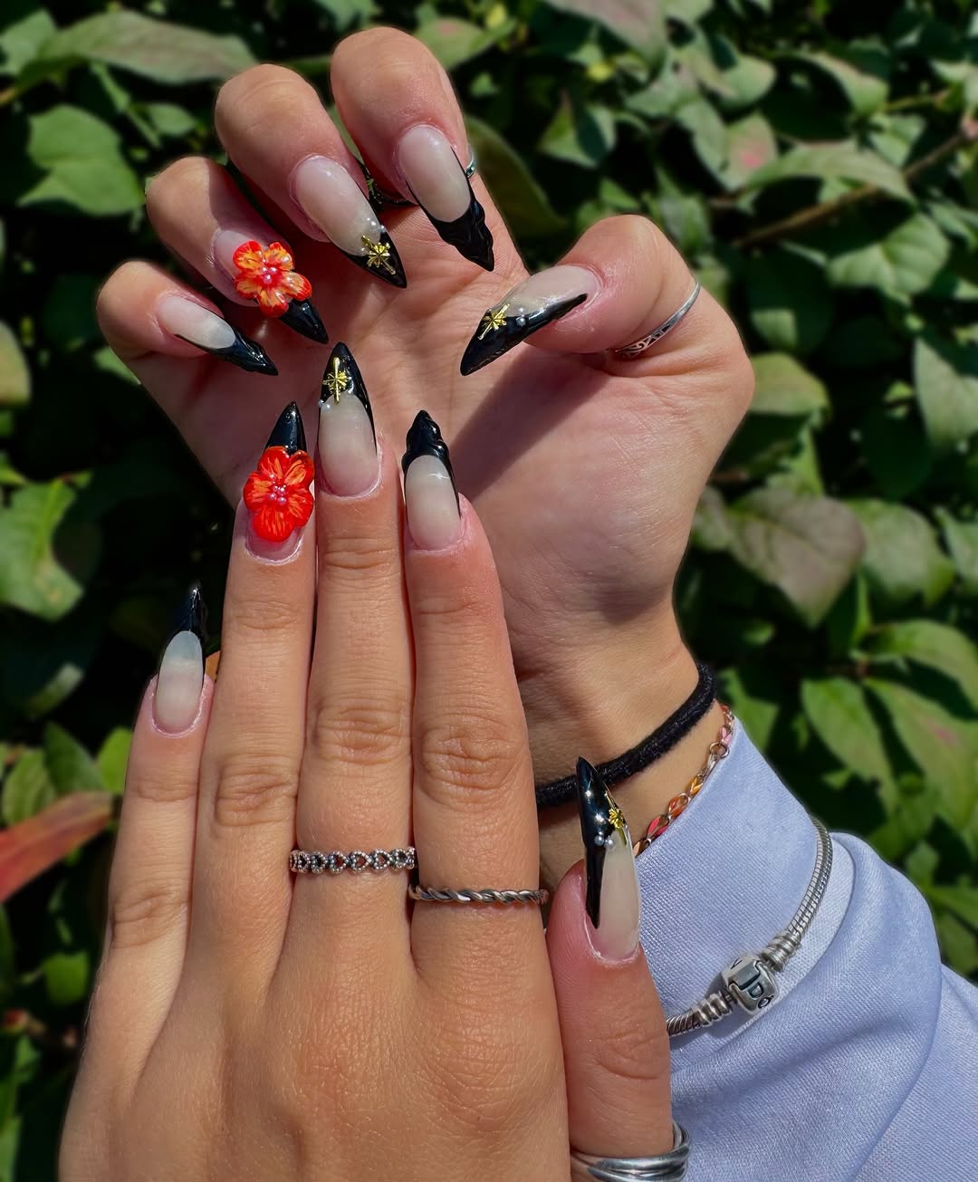 Sculpted Black French Tips with 3D Flower Art