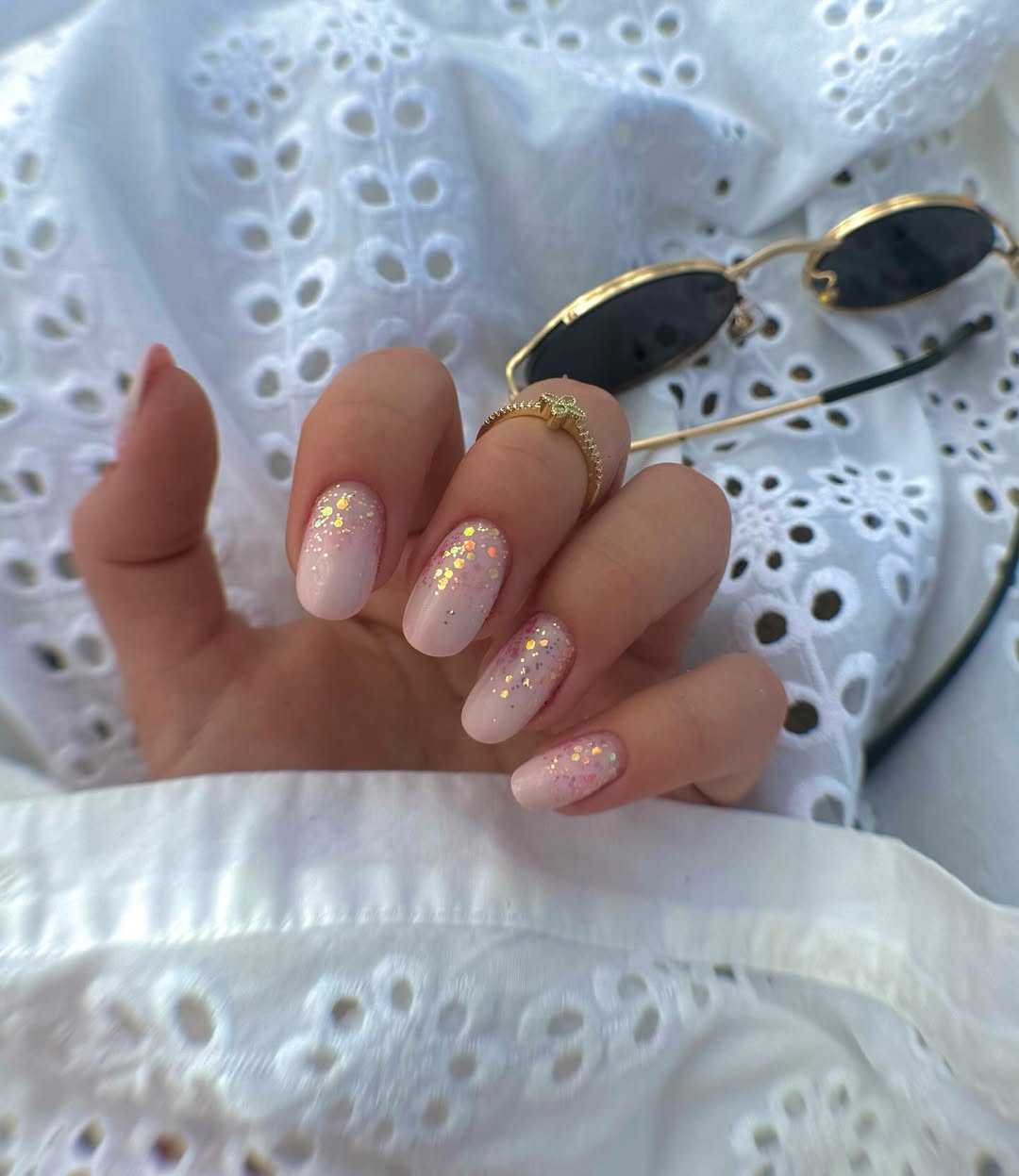 Shimmer Confetti Pink Oval Nails