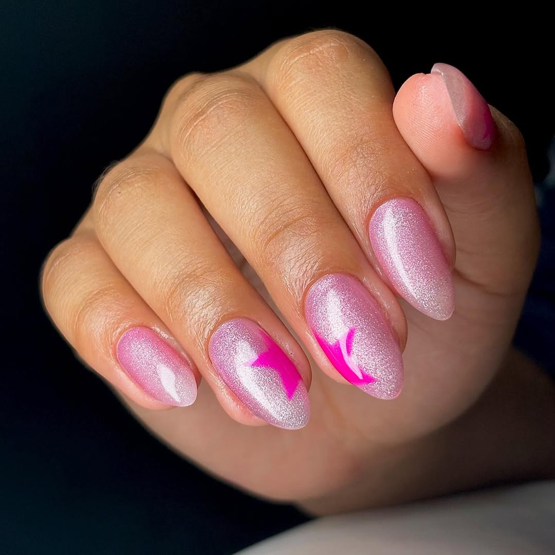 Shimmer Pink Almond Nails with Neon Pink Stars