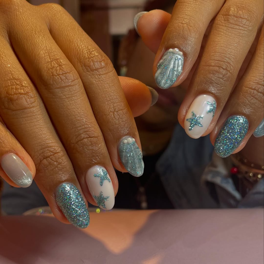 Shimmering Sea Shells and Starfish Aqua Glitter Nails