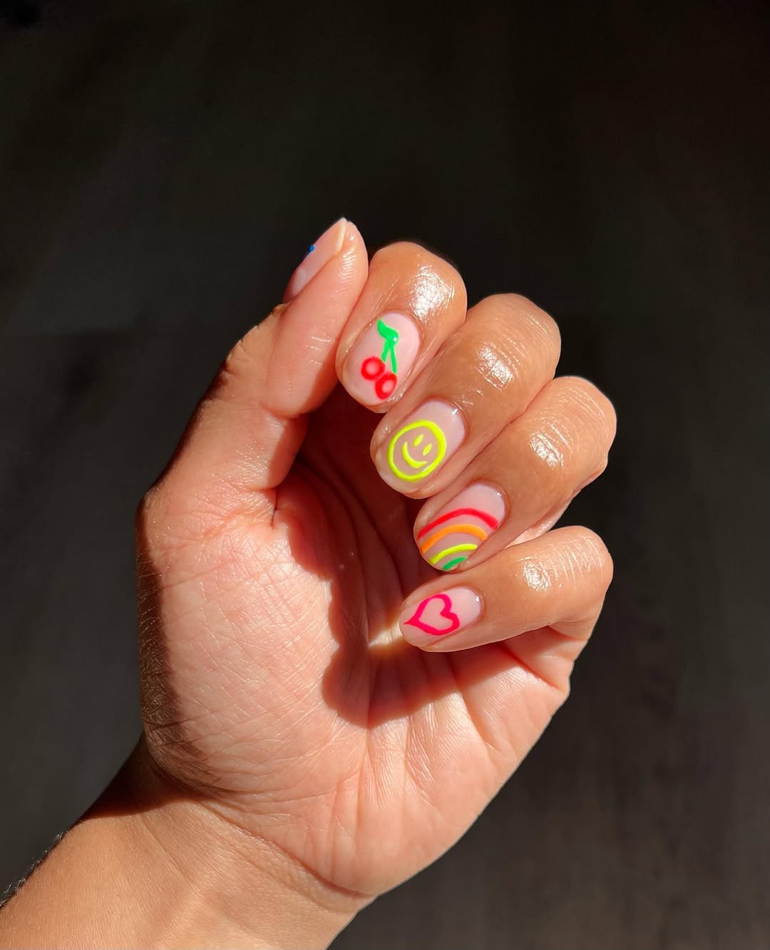 Short Fun Neon Playful Design Natural Nails