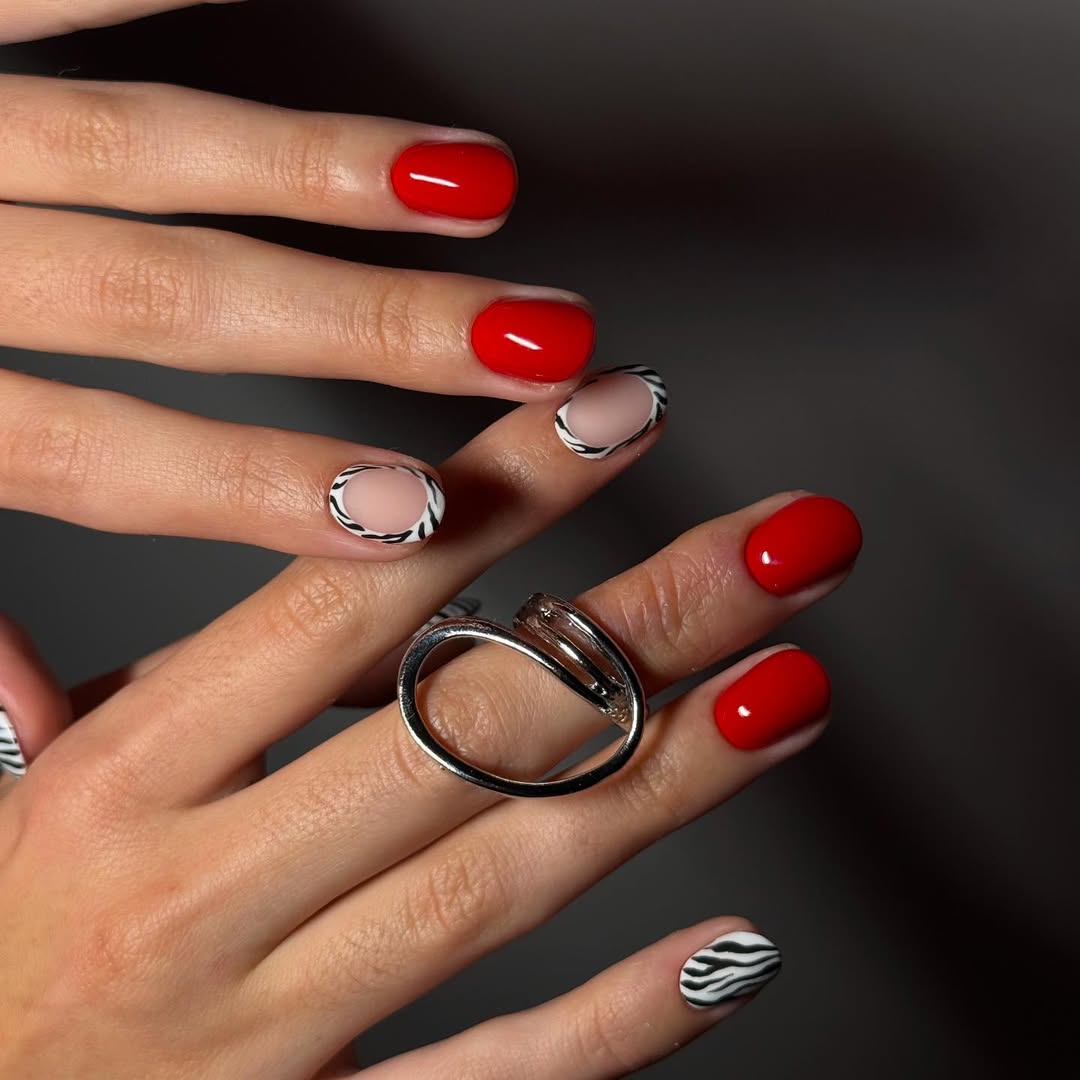 Short Red Zebra Print Negative Space Nails