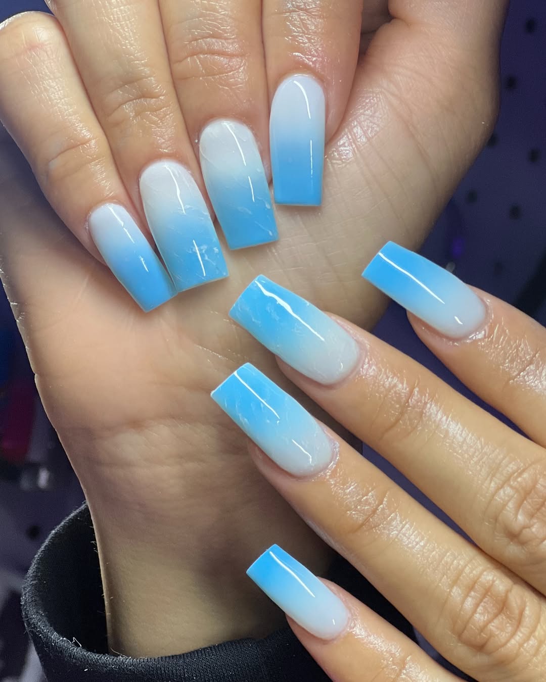 Sky Blue and Milky White Ombre Square Glossy Nails