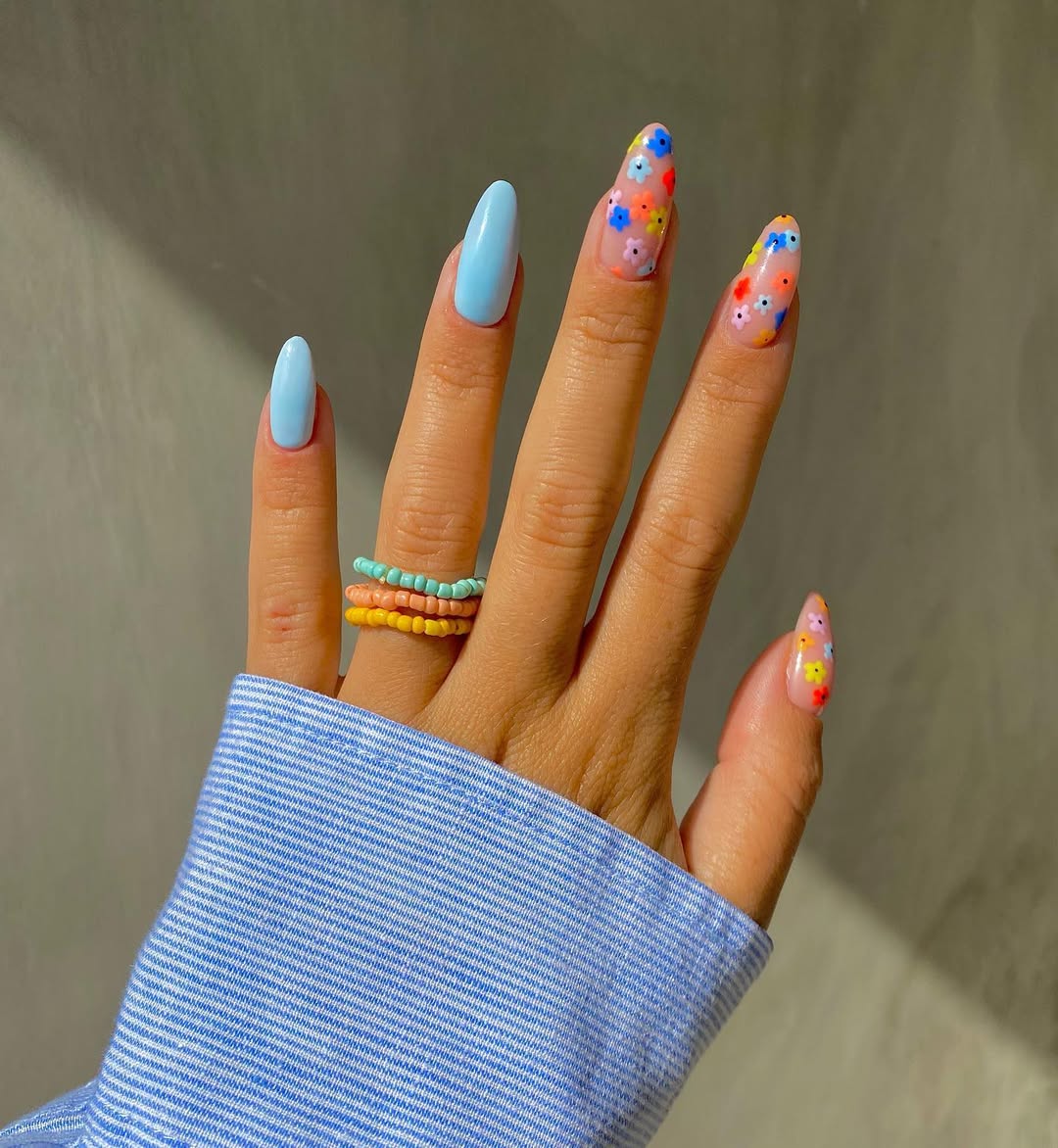Sky Blue and Multi-Color Floral Fantasy Almond Nails