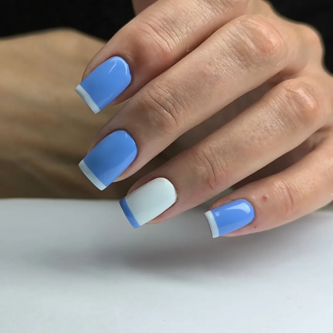 Sky Blue and White Color Block Square Nails