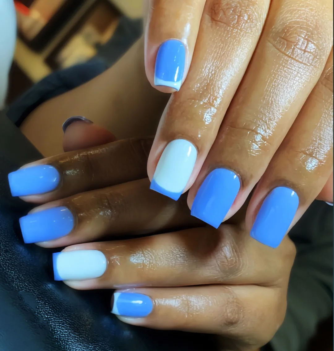 Sky Blue And White French Tip Squoval Nails