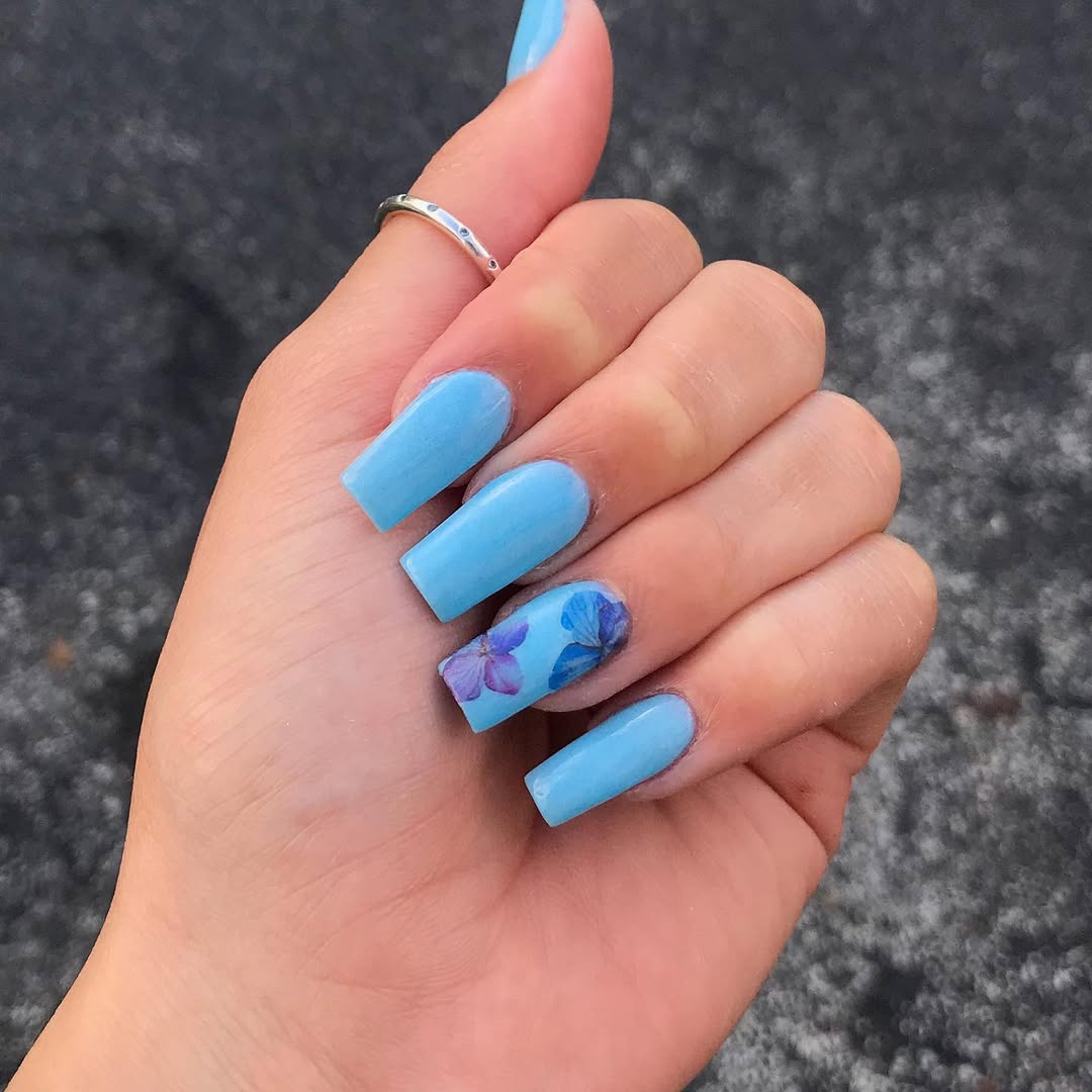 Sky Blue Dip Coffin Nails with Butterfly Art