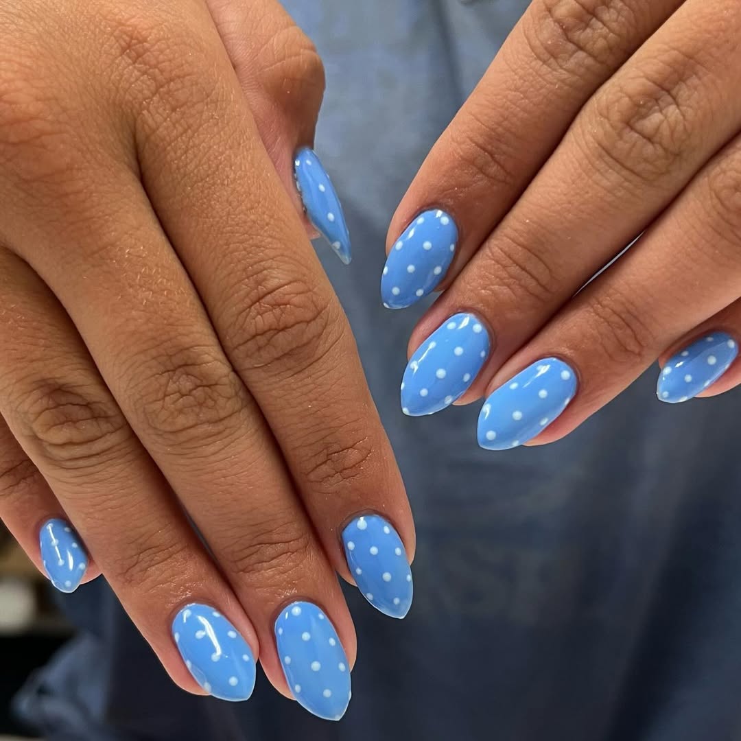 Sky Blue Polka Dot Almond Nails
