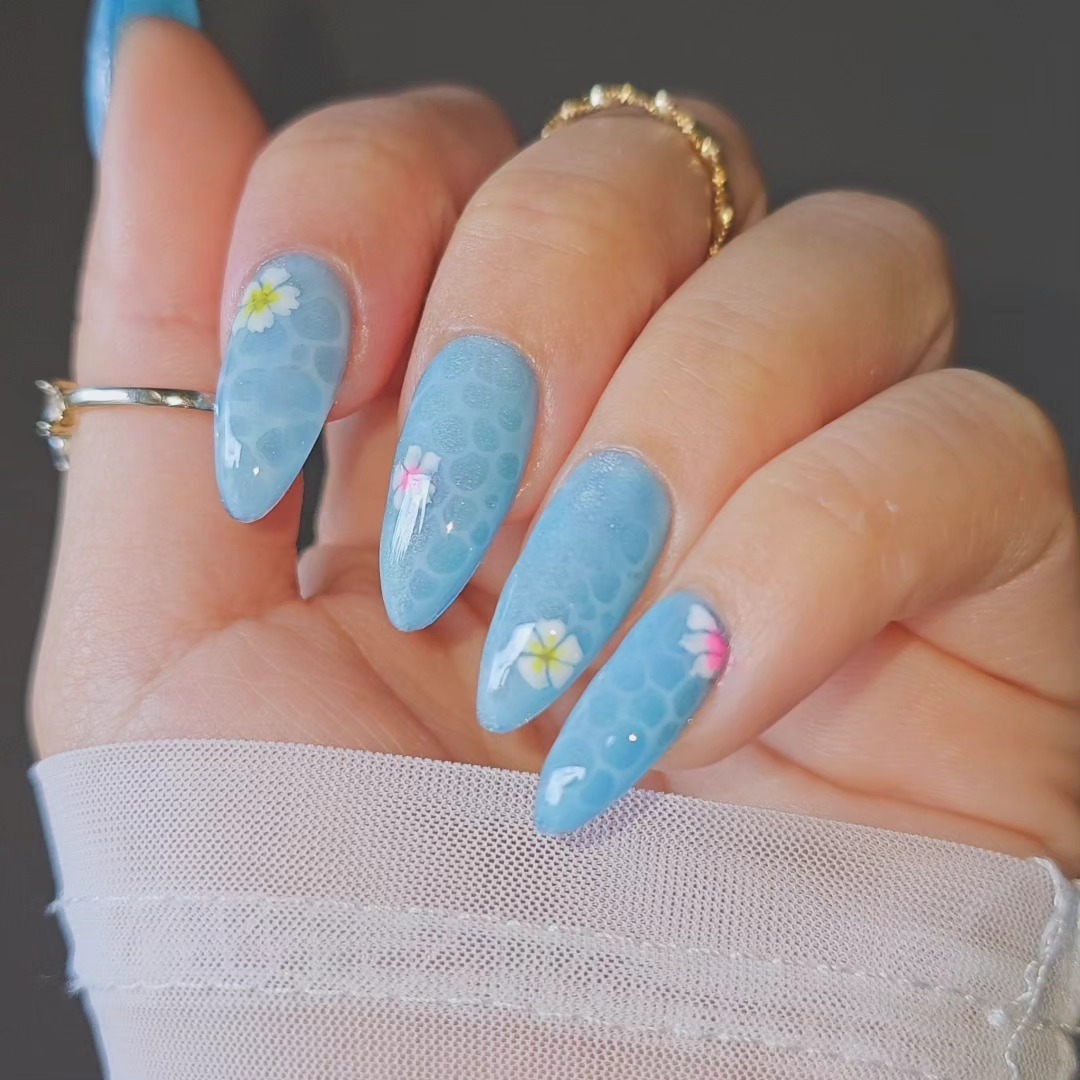 Sky Blue Watercolour Bubble Floral Almond Nails