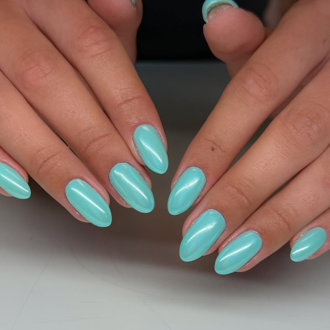 Soft Aqua Teal Shimmer Almond Nails
