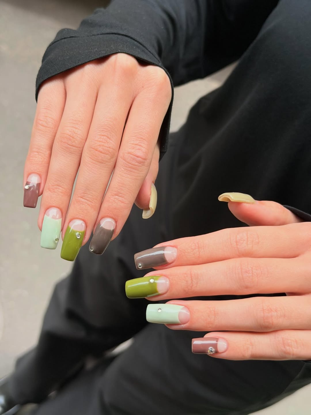 Soft Earth Tone Half Moon French Tips with Rhinestones