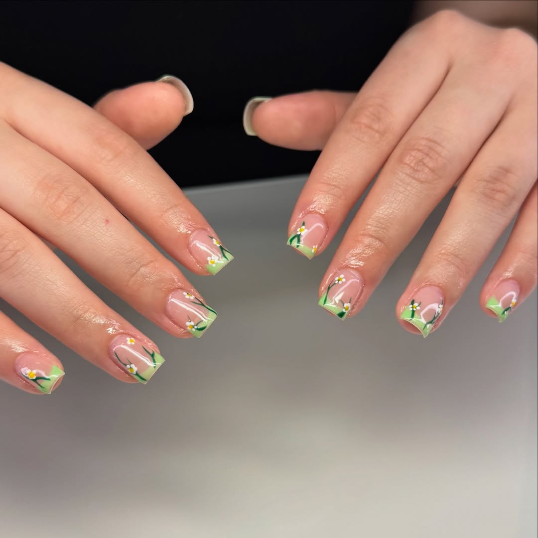 Soft Green Floral French Tips
