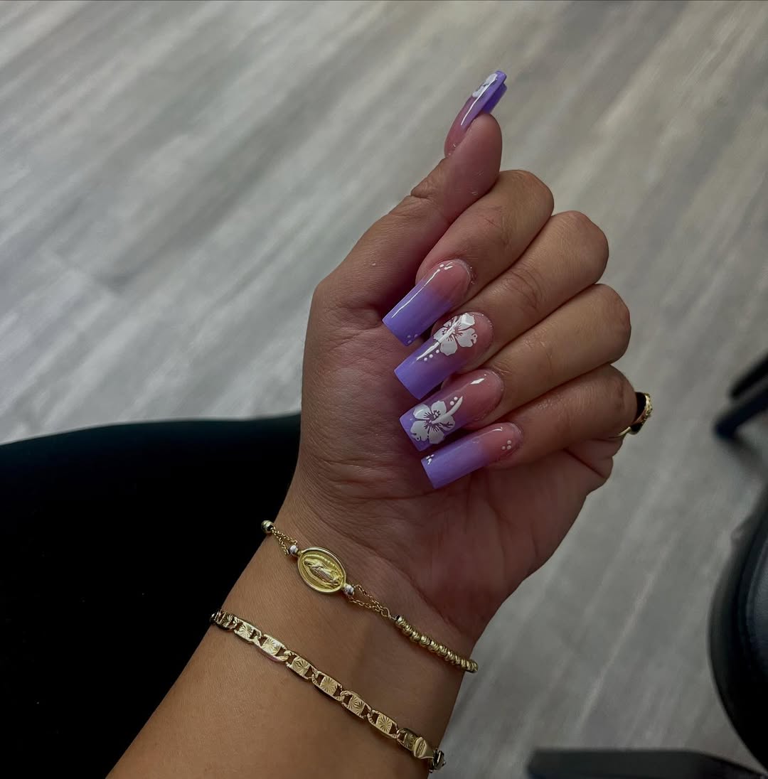 Soft Lavender Ombre White Floral Long Square Nails