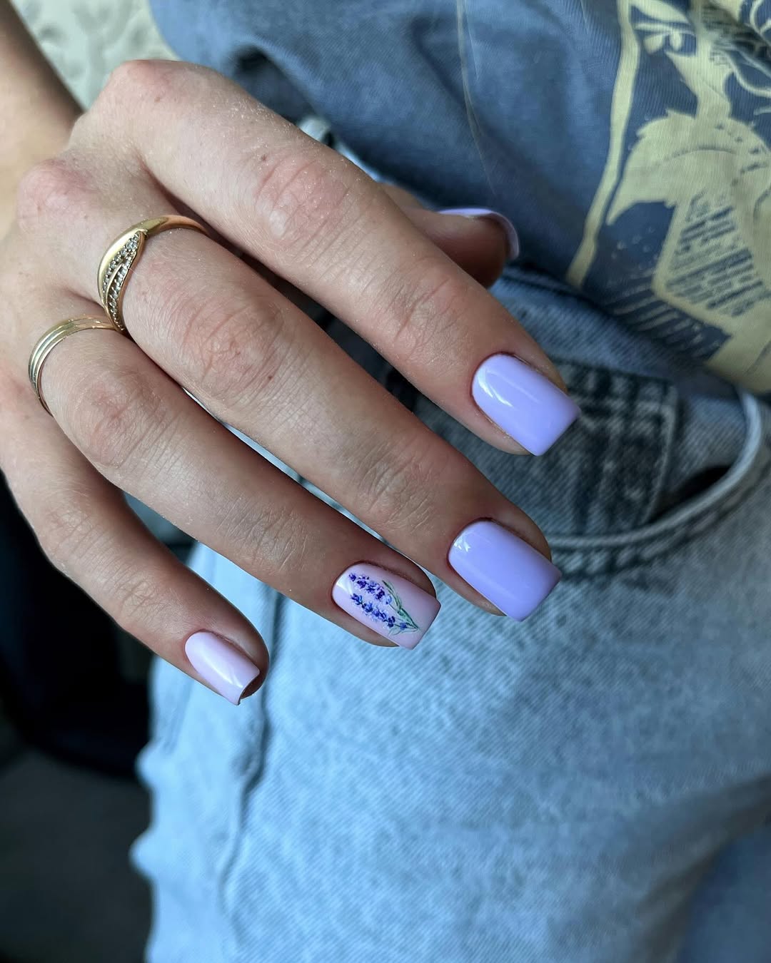 Soft Lavender Square Nails With Floral Accent