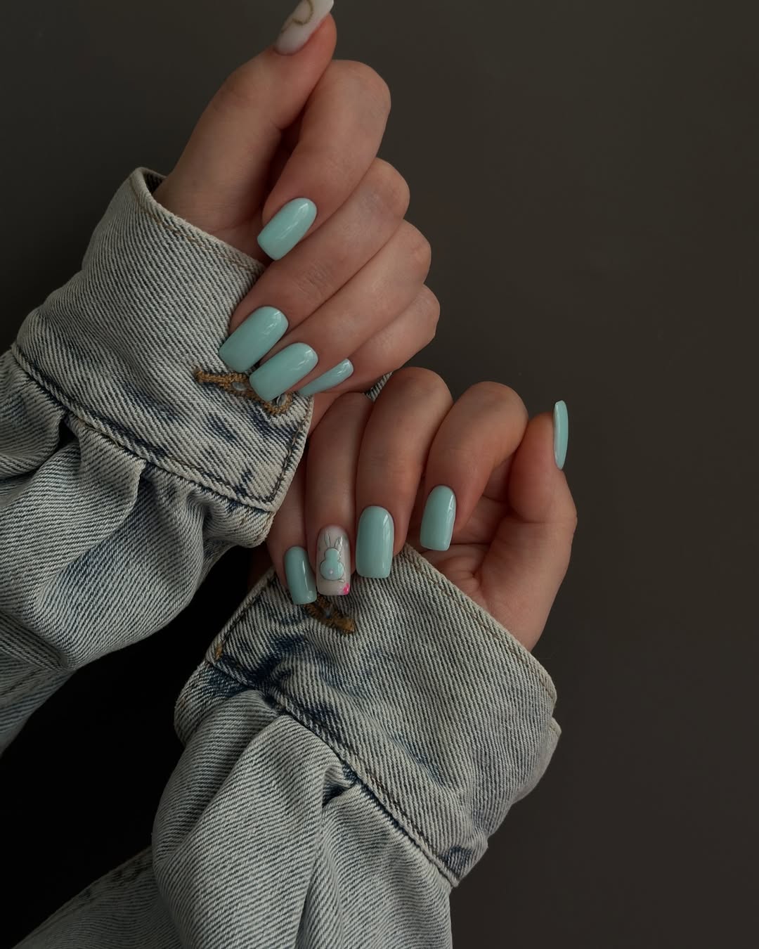 Soft Mint Squoval Nails with Cute Bunny Accent