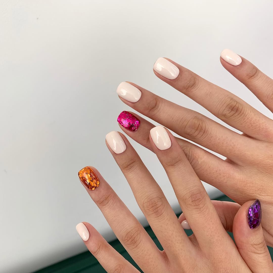 Soft Peach Nude With Chunky Glitter Pop Nails