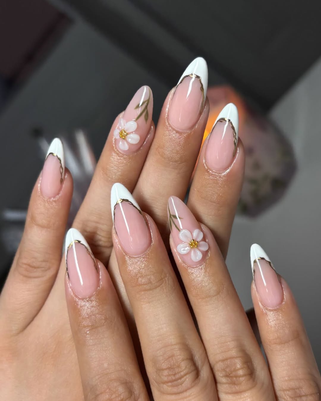 Soft Pink French Tips with 3D Floral Accents