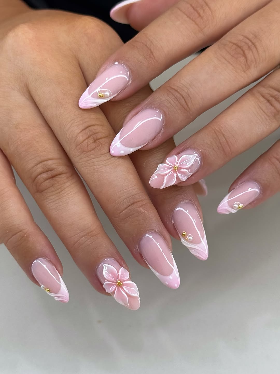 Soft Pink French Tips with 3D Floral Accents